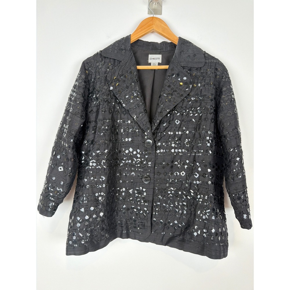 Chico's Silk Sequin Blazer Women Size L Black Embellished Evening Jacket Luxury